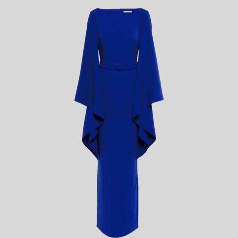 Elegant Shawl Long Sleeve Solid Color Dress