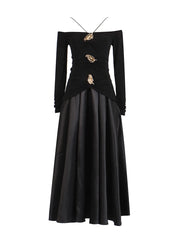 Elegant Patchwork Metal Strapless Off Shoulder Sleeve High Waist Dress