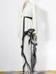 Spliced Mesh Chic Blazer Lapel Long Sleeve Spliced Button Elegant Long Dress