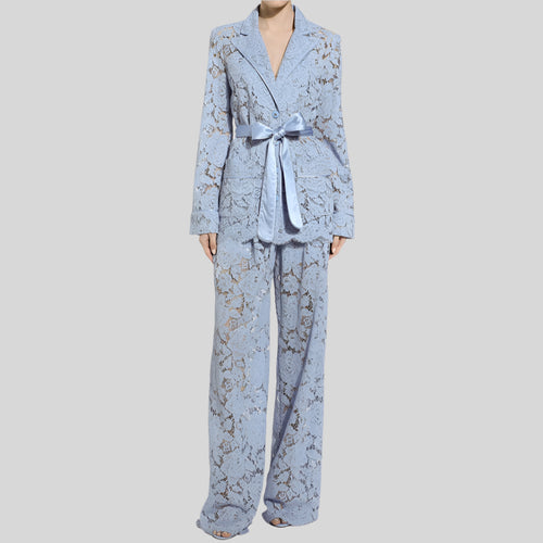 Two Piece Set Lapel Long Sleeves Spliced Single Breasted Top High Waist Patchwork Hollow Out Pant Set