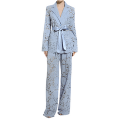 Two Piece Set Lapel Long Sleeves Spliced Single Breasted Top High Waist Patchwork Hollow Out Pant Set