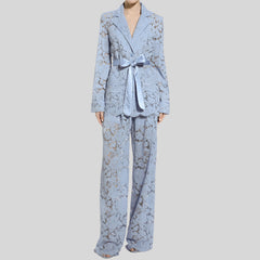 Two Piece Set Lapel Long Sleeves Spliced Single Breasted Top High Waist Patchwork Hollow Out Pant Set