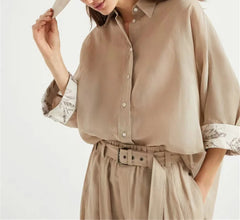 Cotton Shirt Cuffs Embroidered Turn-down Collar Single Breasted Loose Blouse