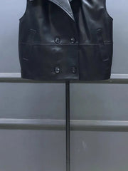 Genuine Leather  Vest Suit Collar Sleeveless Jacket Double Breasted Waistcoat