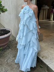 Solid Spliced Ruffles Halter Sleeveless High Wasit Backless Loose Dress