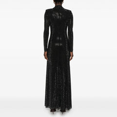 Rhinestone Pleated Round Neck Long Hollow Cut Dress