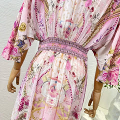 Silk Diamonds Pink Floral Print Half Sleeve Elastic High Waist Dress