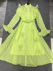 Solid Color Patchwork 3D Flowers Stand Collar Flare Sleeve High Waist Spliced Sashes Midi Dress