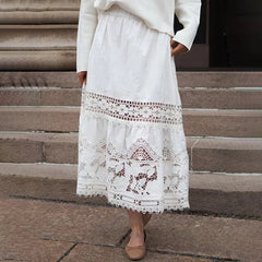 Embroidery Hollow Out Set O-Neck Sleeveless Single Breasted Blouse or Sweet A-Line Midi Skirt Set