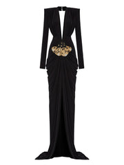 Elegant Deep V-Neck Bead Sequin Butterfly Long Sleeved Floor Long Gowns