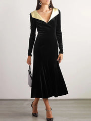 Black Velvet A-line Long Sleeves Solid Color Deep V-Neck Midi Dresses