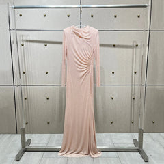 Rhinestone Pleated Round Neck Long Hollow Cut Dress