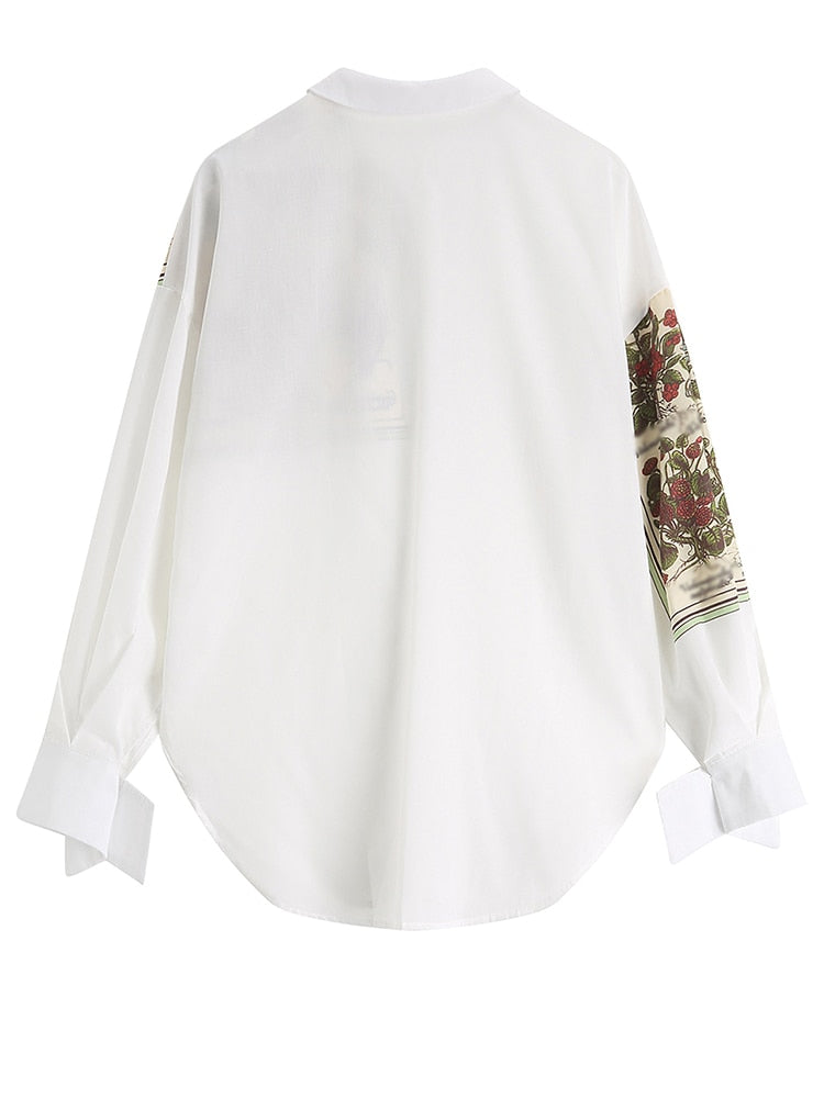 White Print Casual Blouse New Lapel Long Sleeve Loose Fit Shirt