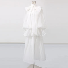 Solid Loose Spliced Bow Tunic Half High Neck Short Sleeves Patchwork Ruffles Dress