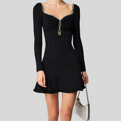 Square Collar Knit Black Rhinestone Trim Elegant Long Sleeve Mini Dress