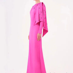 Round Neck Full Sleeves Stones Beadings Satin Gown