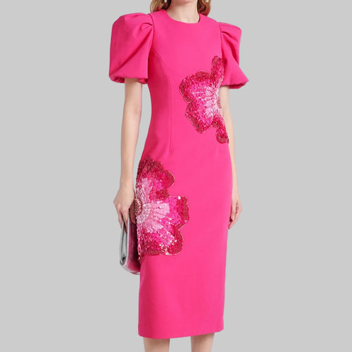 Beaded Sequin Three-Dimensional Flower Short Sleeved Midi Dress