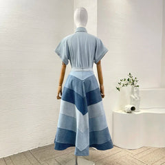 Blue Short Sleeve Jeans Denim Blouse Tops and Midi Skirt Set