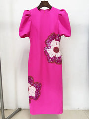 Beaded Sequin Three-Dimensional Flower Short Sleeved Midi Dress