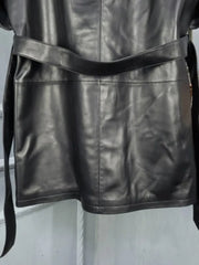 Genuine Leather Suit Collar  Short Sleeves Zipper Sashes Pocket Jackte