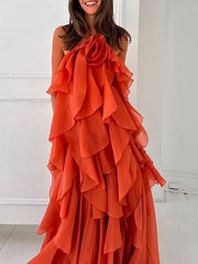 Solid Spliced Ruffles Halter Sleeveless High Wasit Backless Loose Dress