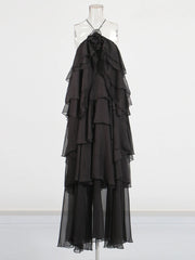 Solid Spliced Ruffles Halter Sleeveless High Wasit Backless Loose Dress