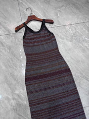 Striped Sequined Round Neck Sleeveless Elegant Slim Knitted Maxi Dress