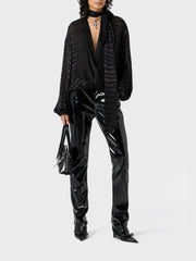 Chic Spliced Crocodile Pattern Blouse V Neck Long Sleeved Shirt