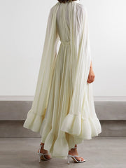 Irregular Solid  V Neck Cloak Sleeves High Waist Spliced Lace Up Loose Folds Dress