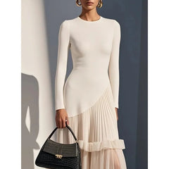 Soft Knit Patchwork Tiered Mesh Pleated-hem Dress - Knot Bene