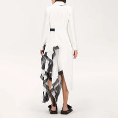 Spliced Mesh Chic Blazer Lapel Long Sleeve Spliced Button Elegant Long Dress