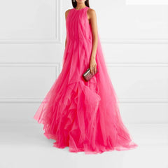 Pleated Tulle Sleeveless Tiered Fluffy Mesh Maxi Dress