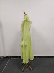 Solid Color Patchwork 3D Flowers Stand Collar Flare Sleeve High Waist Spliced Sashes Midi Dress