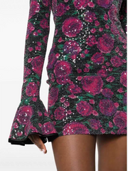 Full body sequins banquet backless floral print round neck long sleeve mini dress