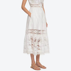 Embroidery Hollow Out Set O-Neck Sleeveless Single Breasted Blouse or Sweet A-Line Midi Skirt Set