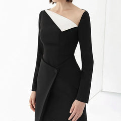 Contrast Color Diagonal Collar Cross Split Waist Elegant Dress