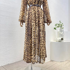 Leopard High Quality Full Lantern Sleeve Lace-up Bow Belted Vintage Midi Dresses