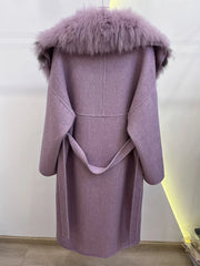 Long Wool Cashmere Blended  With Big Real Silver Fox Fur Collar Coat