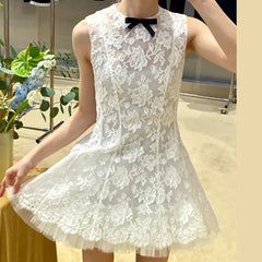 Fluffy sleeveless chic bow decorated lace mesh A-line waisted dress