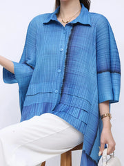 Solid Straight Grid Stand Collar Long Sleeve Patchwork Button Top