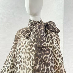 Linen Silk Bow Tie Turtleneck Brown Leopard Print Full Lantern Sleeve Top