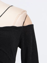 Elegant Patchwork Metal Strapless Off Shoulder Sleeve High Waist Dress