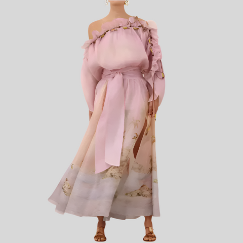 Flower Hanging Neck Backless Long Dresses