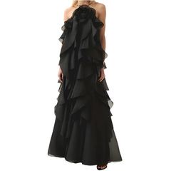 Solid Slimming Elegant Sleeveless Patchwork Ruffles High Waist Dress