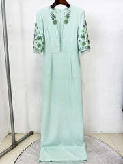 Spliced Mesh Half Sleeve Beaded Long Maxi Dress