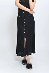 Sleeveless Round Neck Slim Fit Knitted with Metal Button front pleated midi Dress