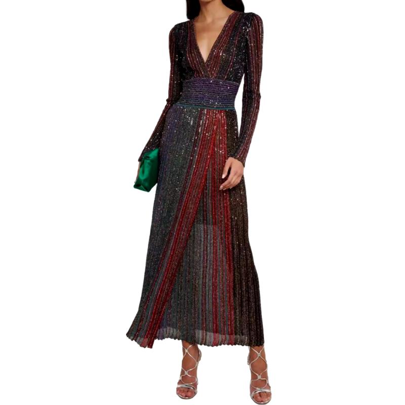 Rainbow Contrast Dress V-Neck Slim Fit Elegant Thin Gold Thread Maxi Dress