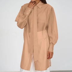 Loose Lapel Long Sleeve Shirt Elegant Classic Tie See Through Top