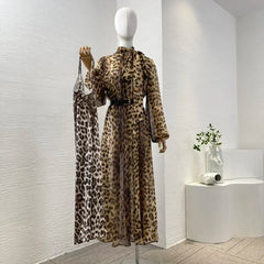 Leopard High Quality Full Lantern Sleeve Lace-up Bow Belted Vintage Midi Dresses