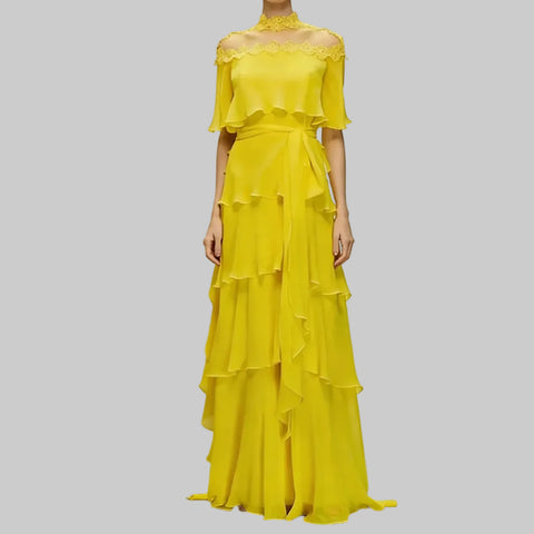 Long Sleeve Maxi  With Draped Cape Formal Dress
